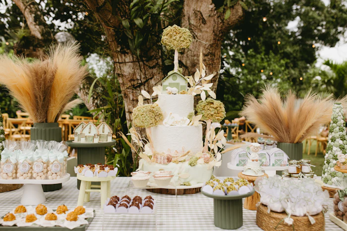 Table de desserts et gâteau dressés sous un arbre, dans un jardin