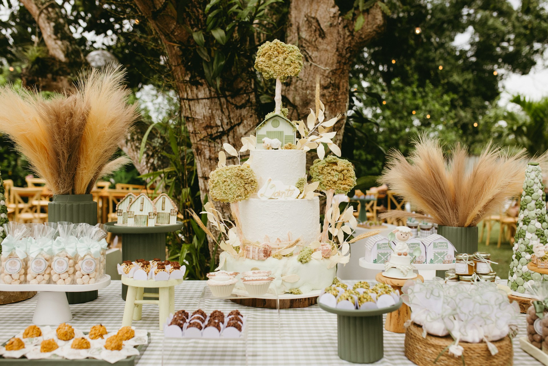 A tiered cake and desserts on a table outdoors.