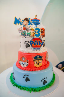 Paw patrol themed three-tiered birthday cake
