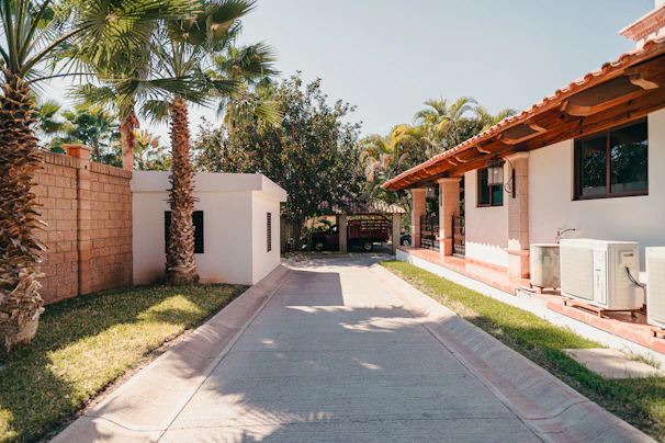 Driveway leading to a modern house with palm trees.