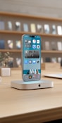Modern smartphone charging on a sleek white dock.