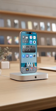 Modern smartphone charging on a sleek white dock.