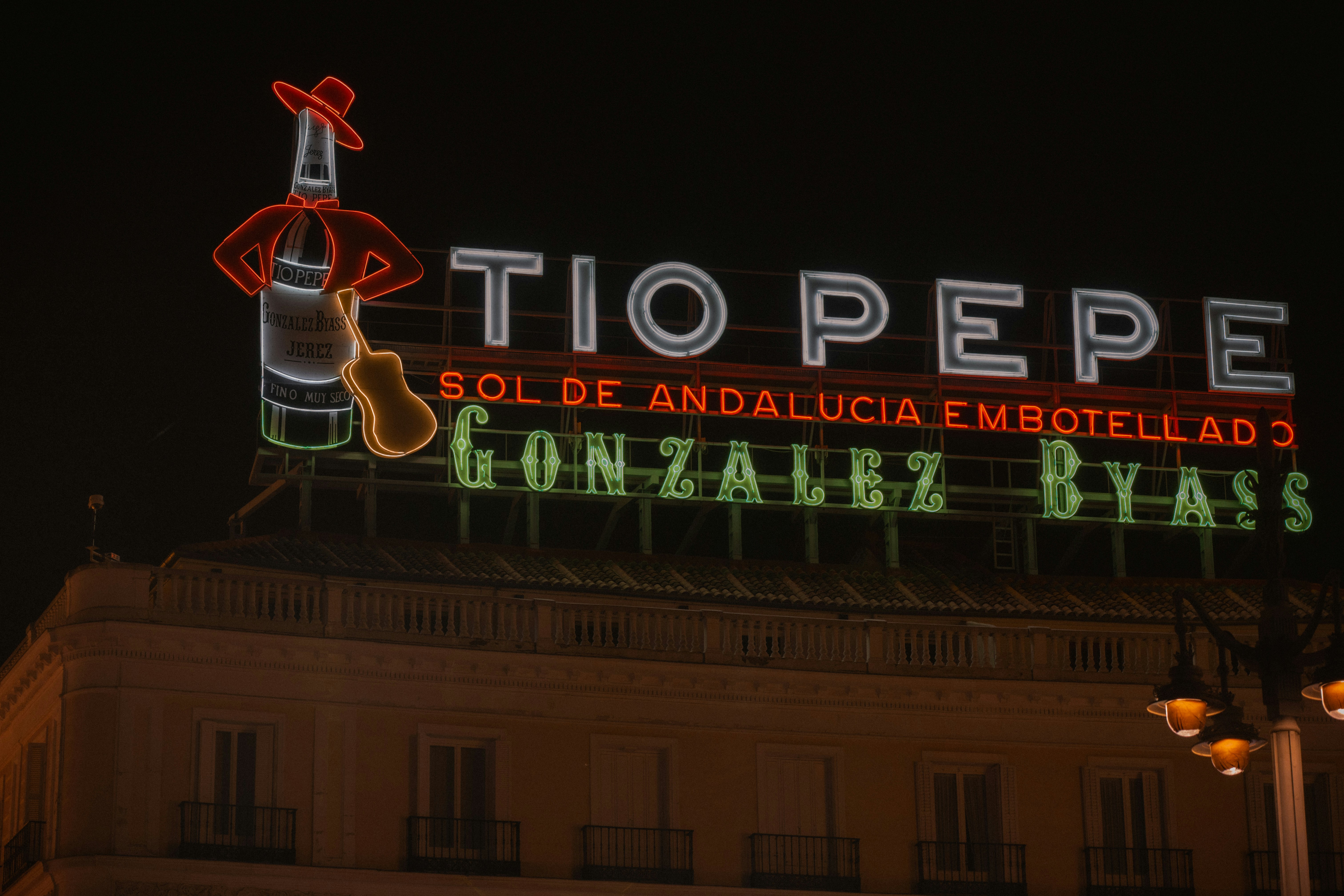 Tio pepe neon sign at night on building at night