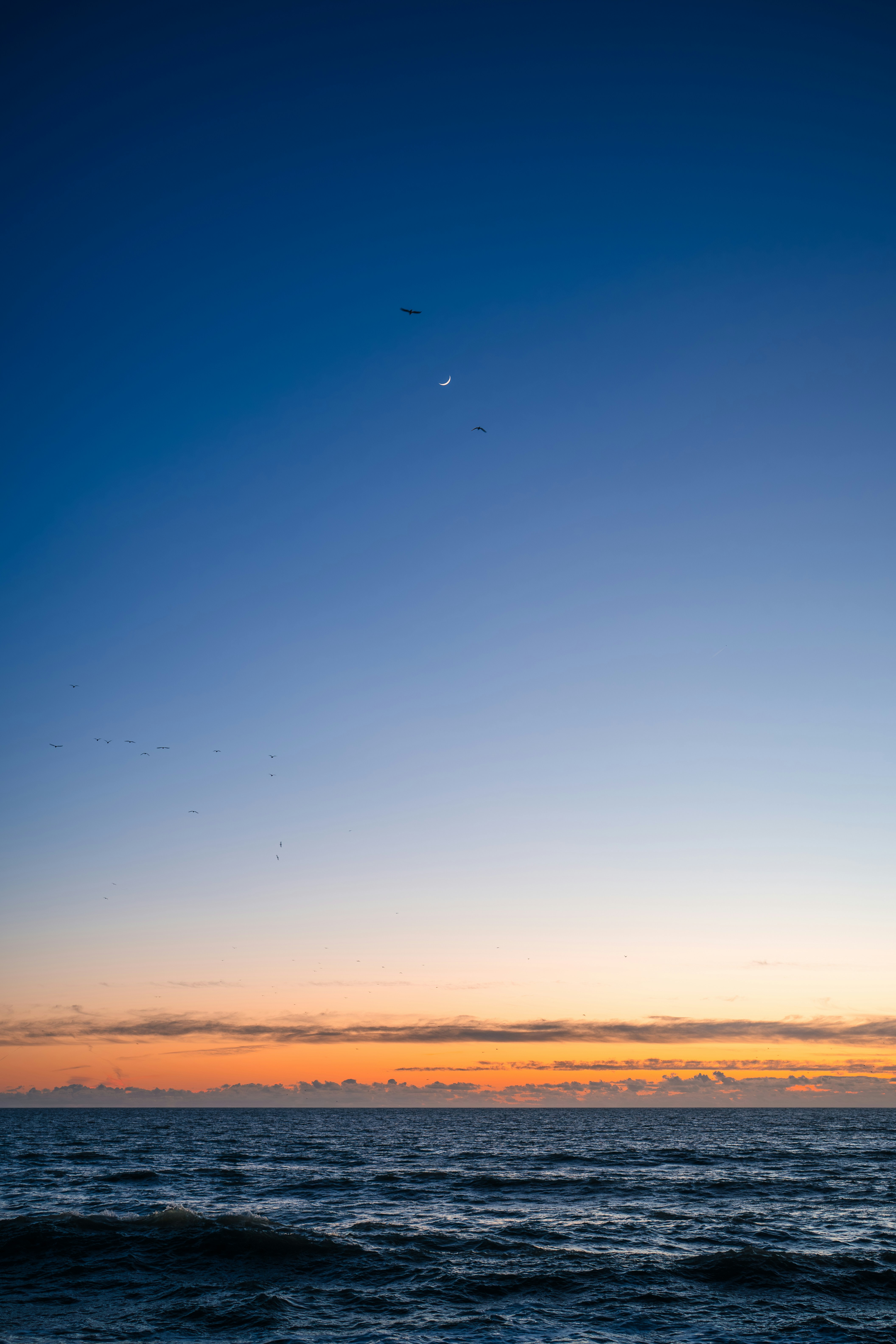 Ocean waves under a twilight sky with moon.