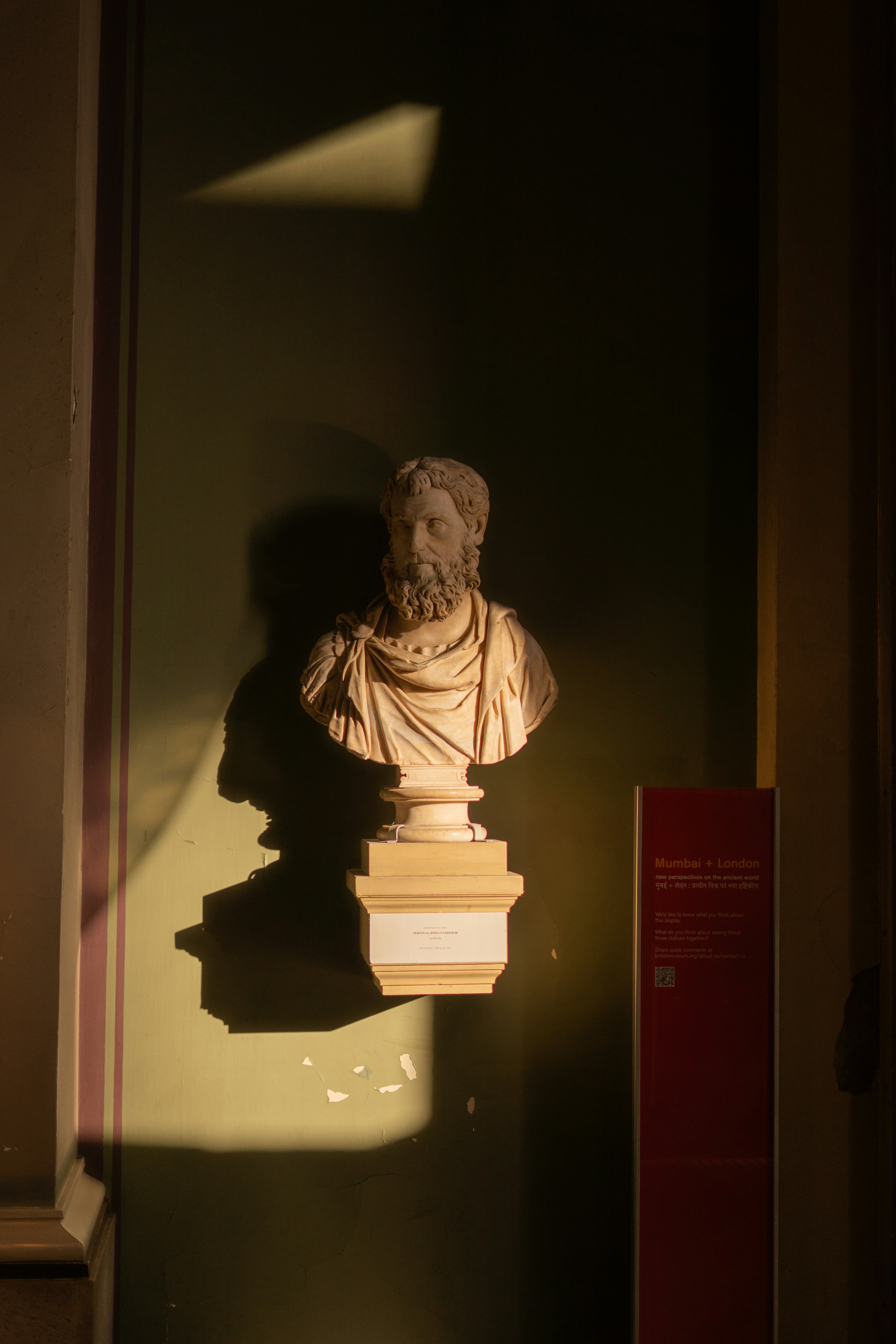 Marble bust of a bearded man with dramatic lighting.