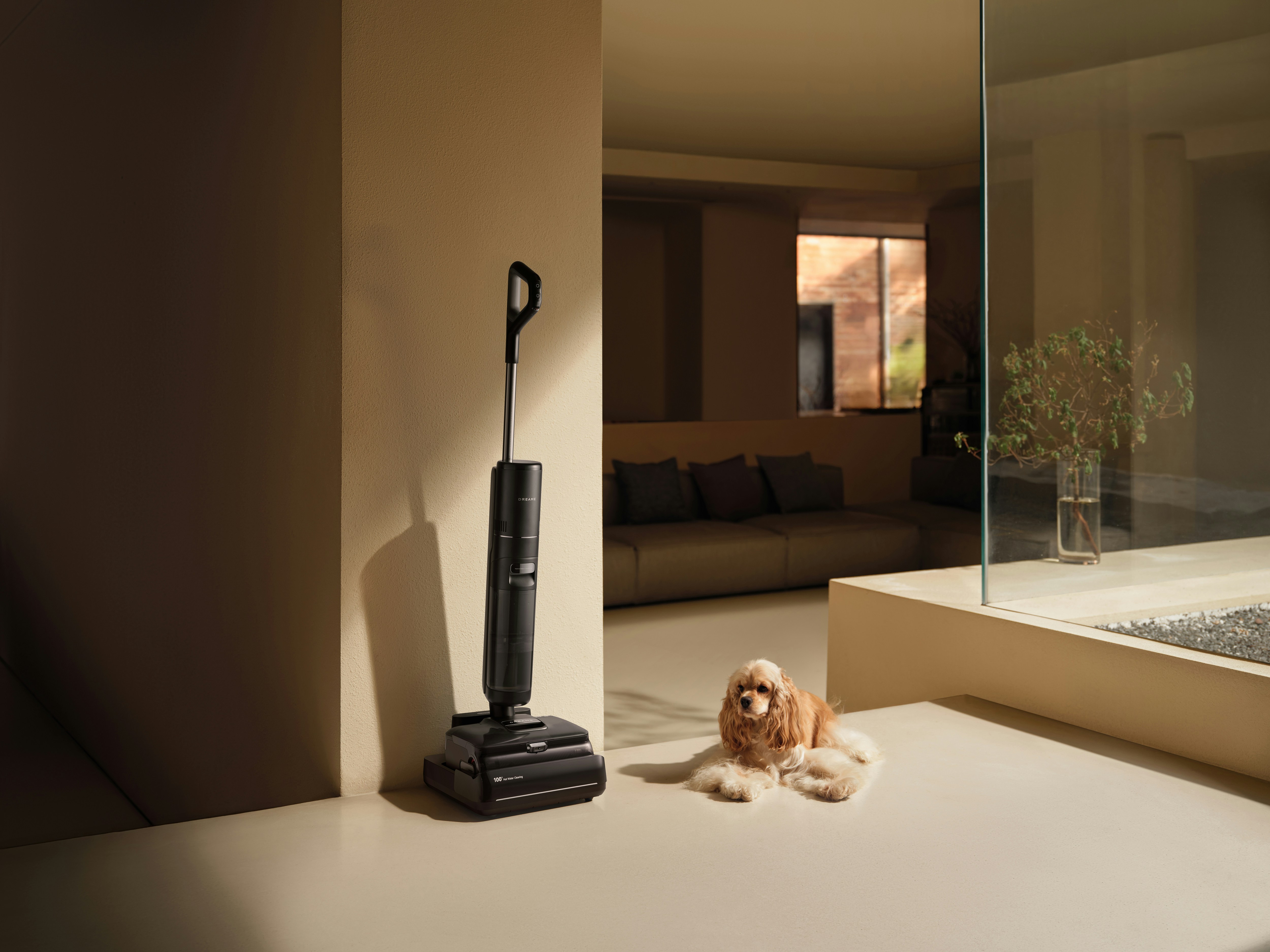 Cordless vacuum cleaner and small dog on floor.