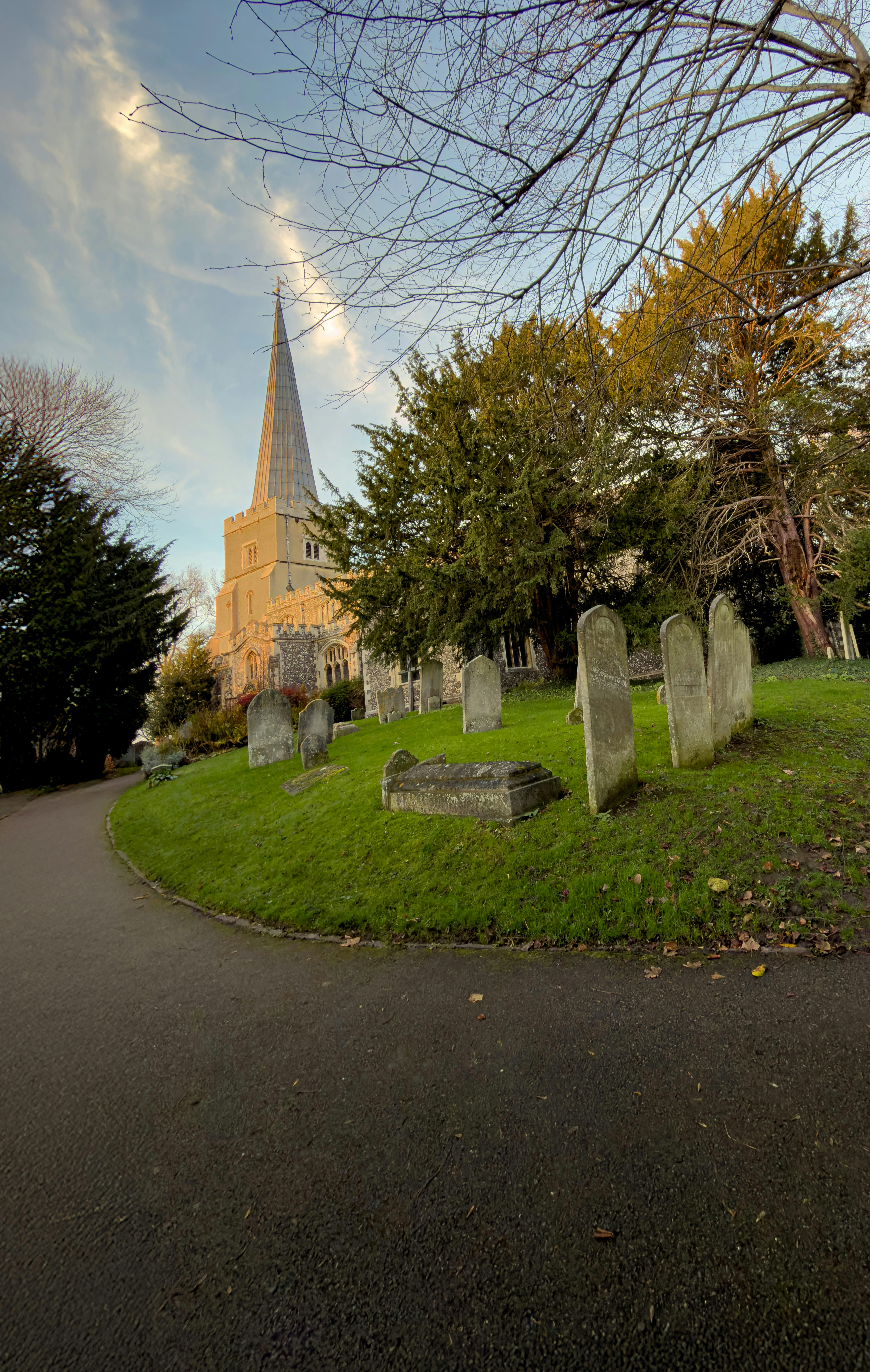 A misty, atmospheric path through an old cemetery.