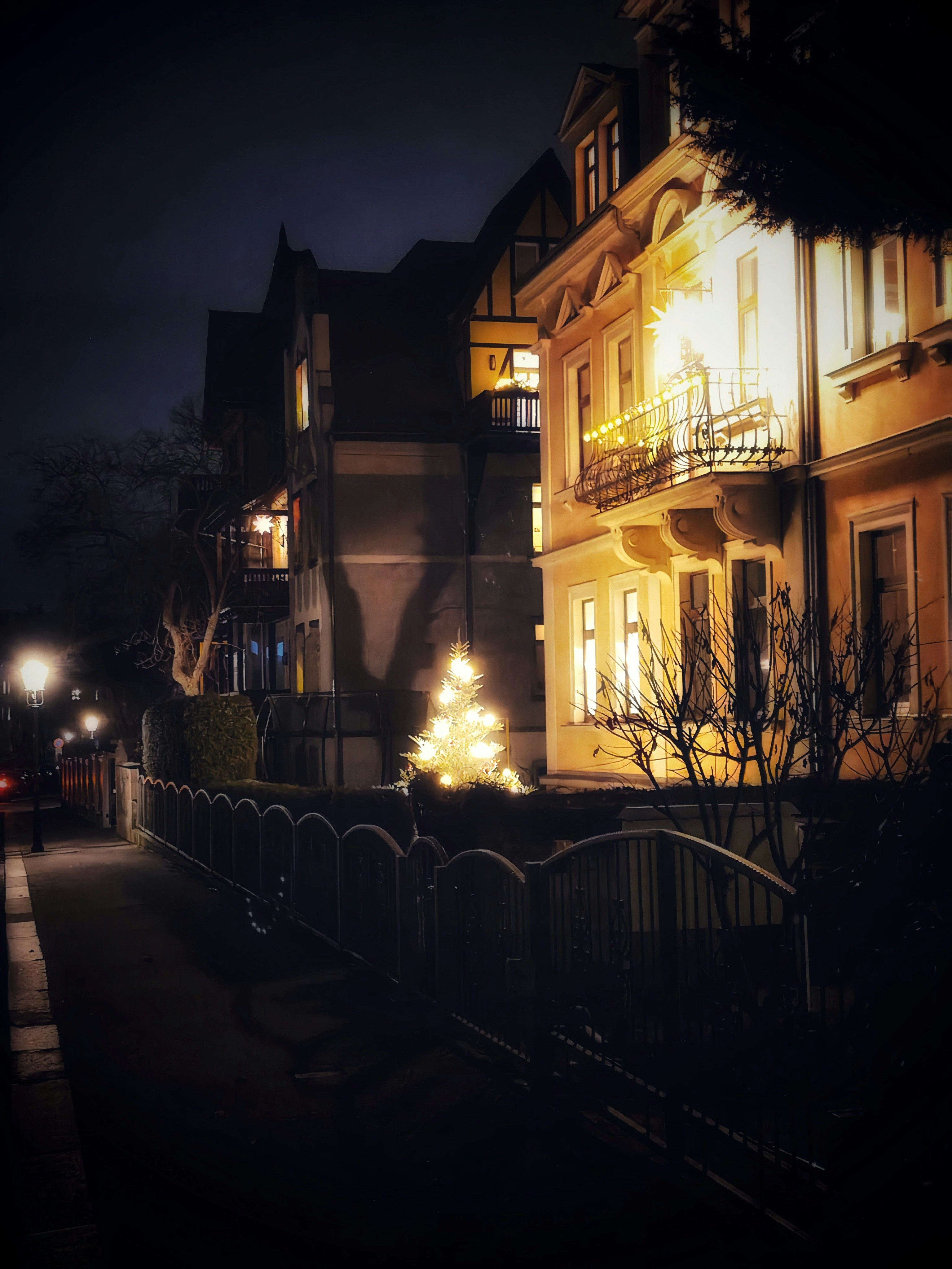 Illuminated christmas tree outside buildings at night.