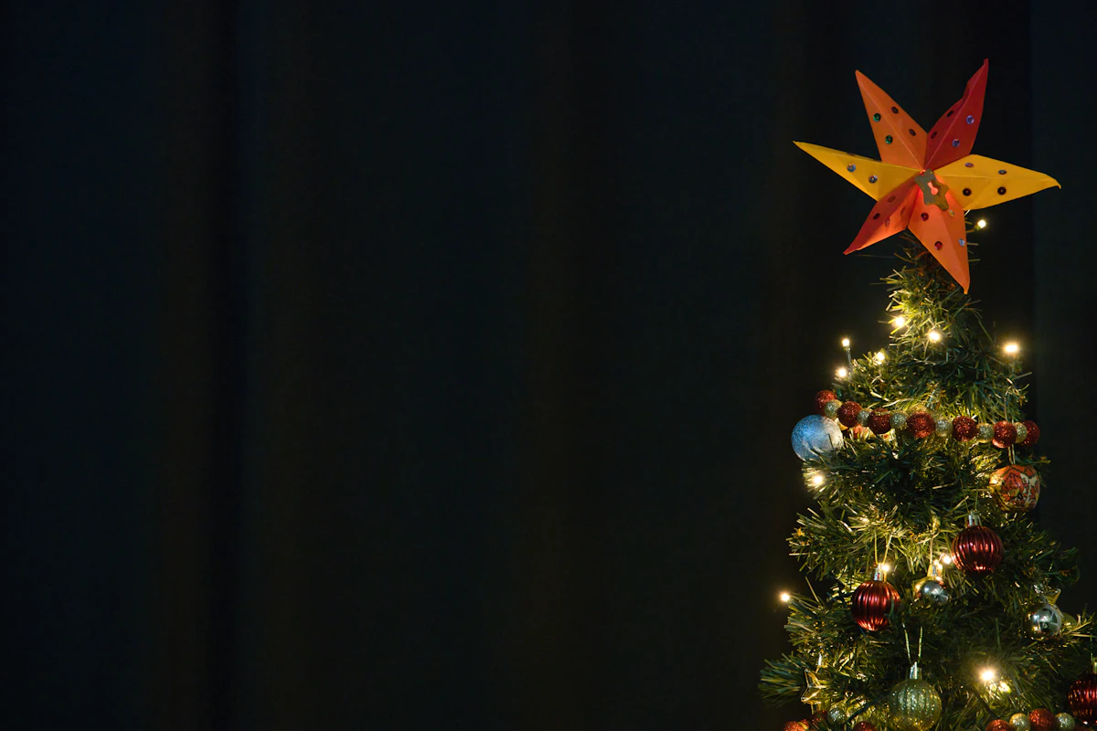 Decorated Christmas tree with a star on top