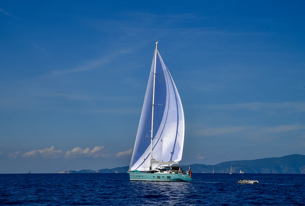 Luxury sailing yacht crossing the deep blue Ionian Sea in Greece