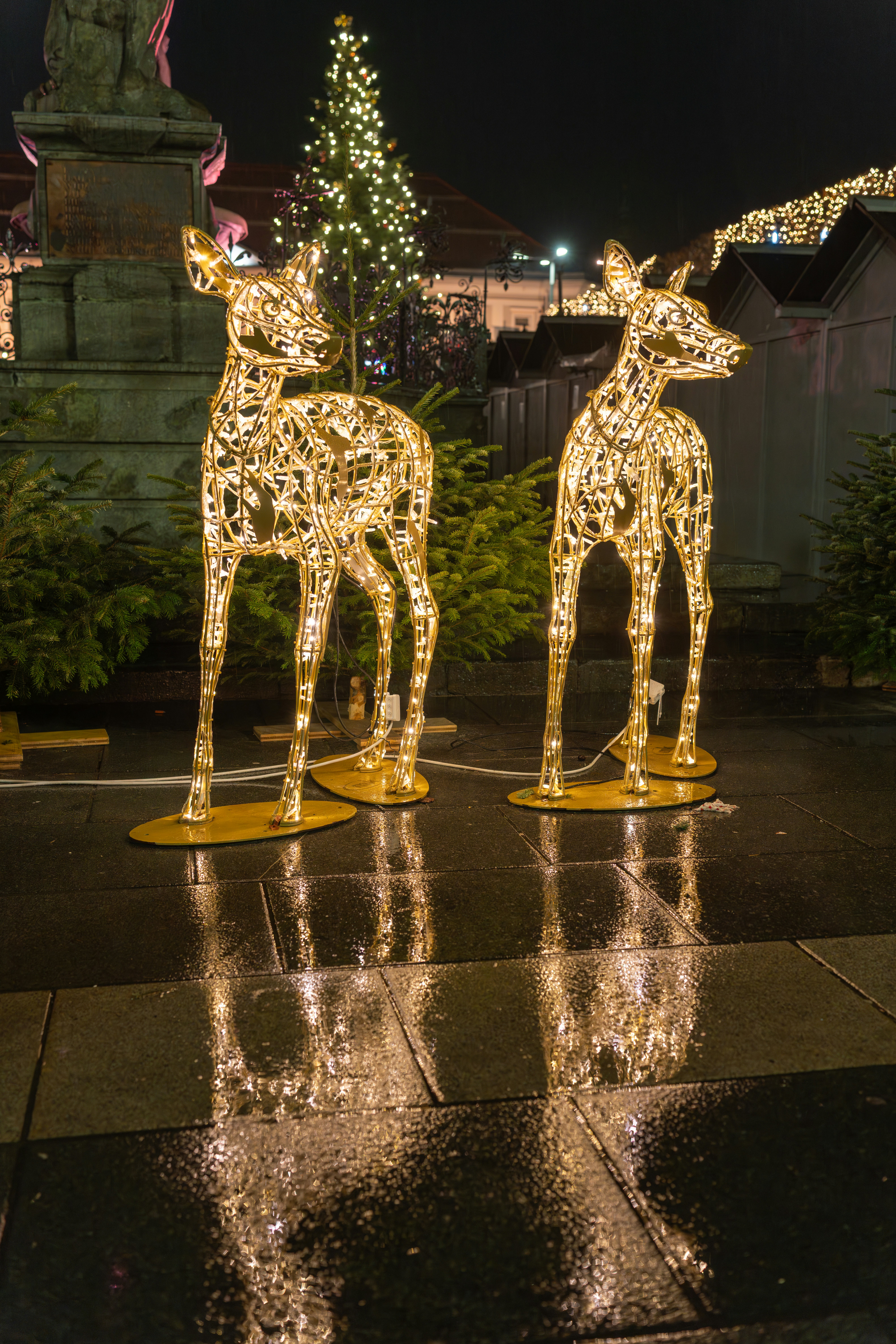 Two illuminated deer decorations at night