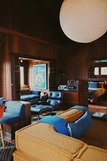 Cozy living room with mid-century modern furniture and decor.