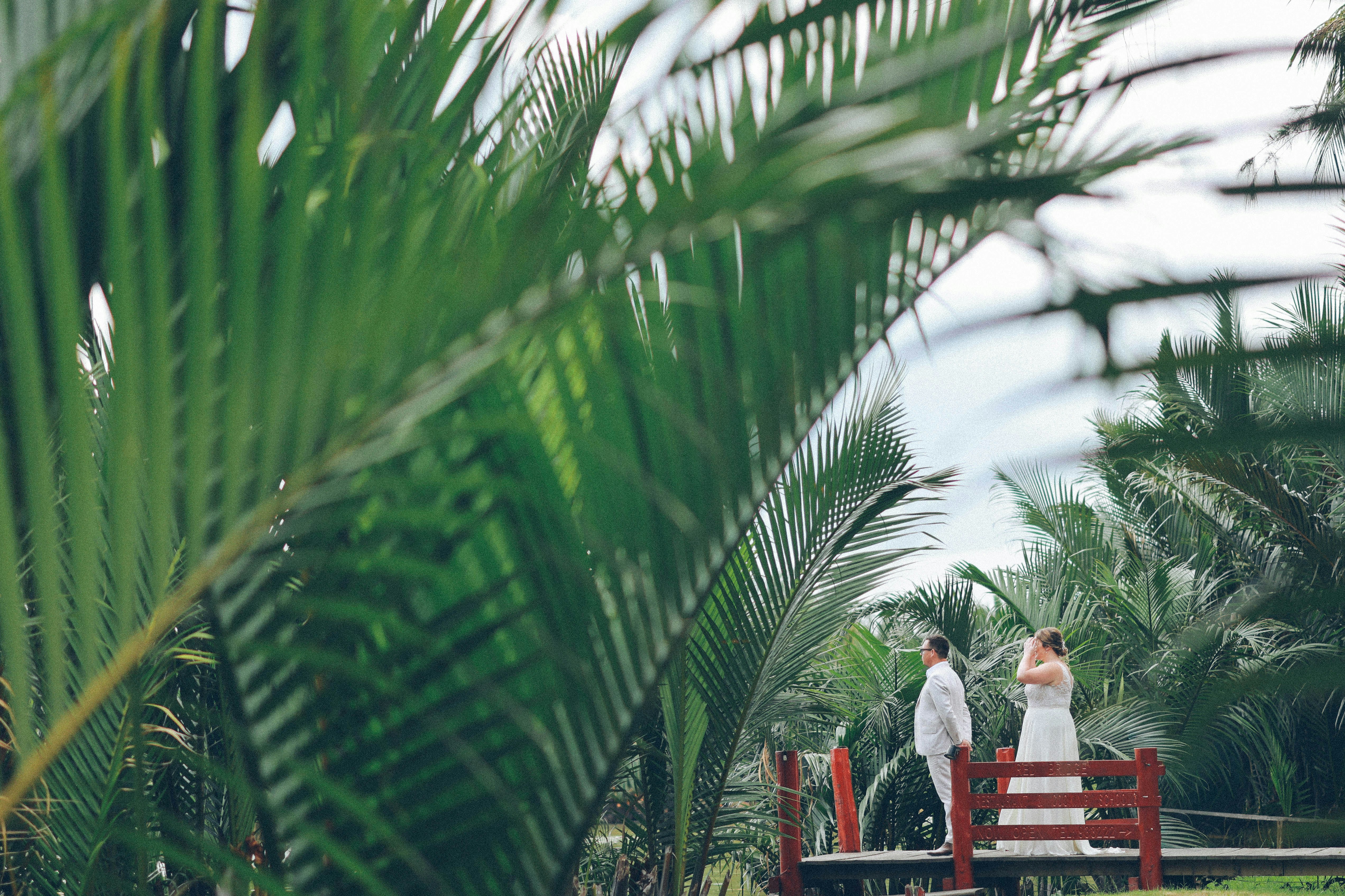 Couple on a bridge surrounded by tropical foliage