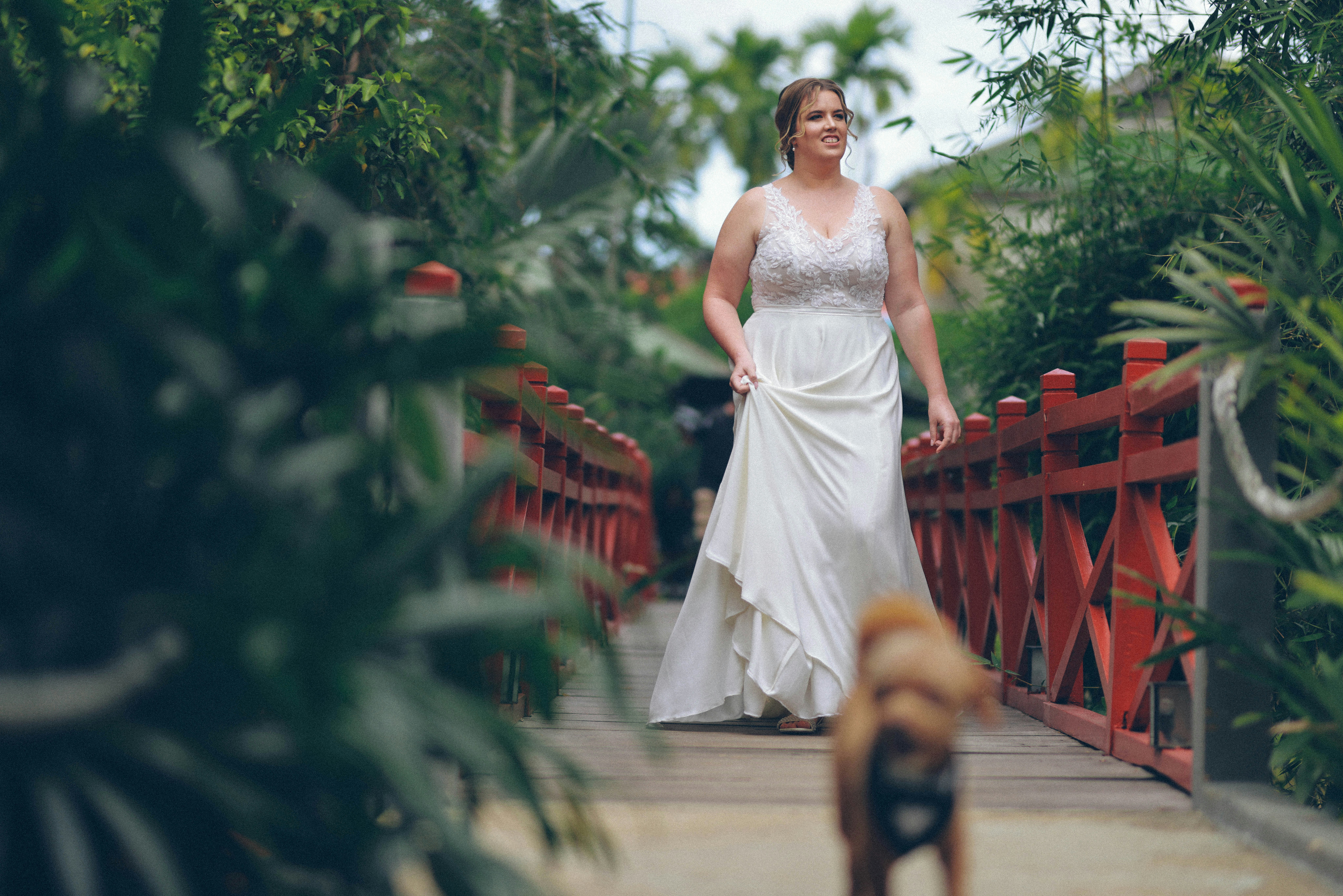 Bride walking on a red bridge with a dog