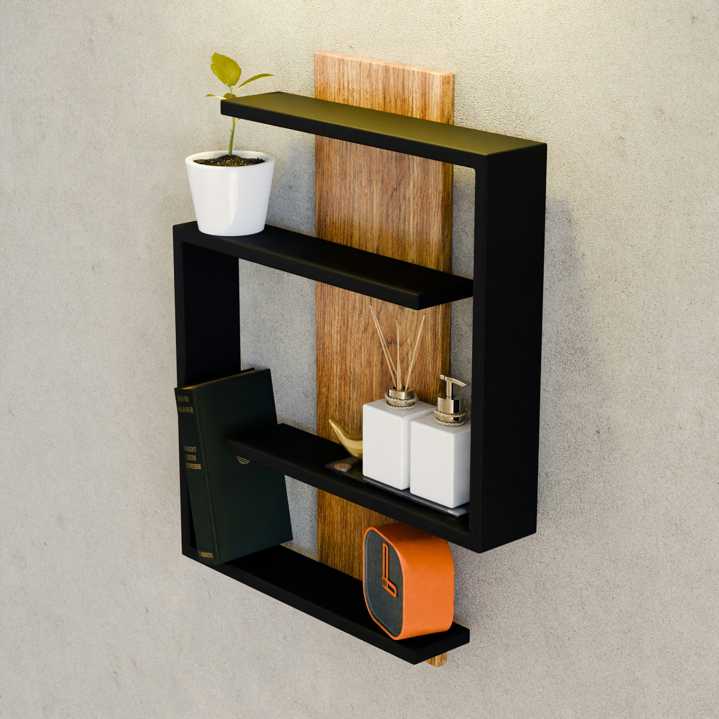 Étagère noire moderne avec décoration murale