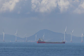 Cargo ship sailing past offshore wind turbines at sea.