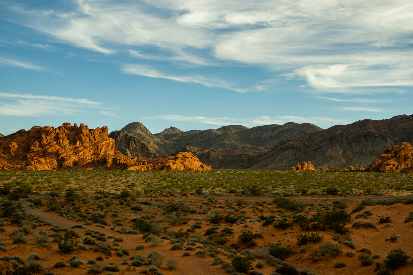 Desert landscape with red rock formations and mountains