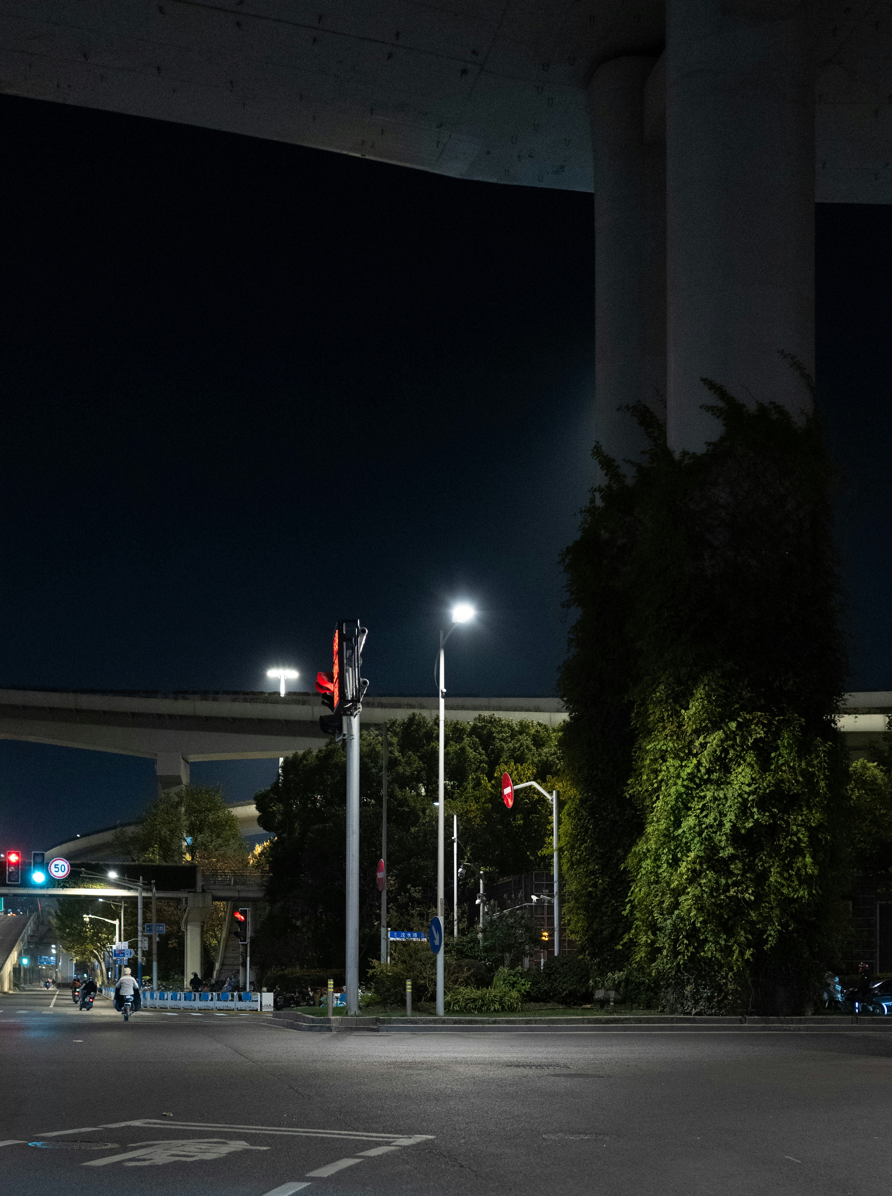 Strada cittadina di notte con semafori e cavalcavia