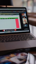 Laptop screen showing a video conference and spreadsheet.