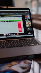 Laptop screen showing a video conference and spreadsheet.