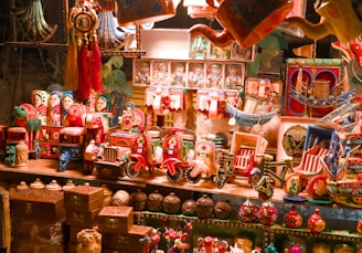 Colorful display of traditional toys and trinkets.