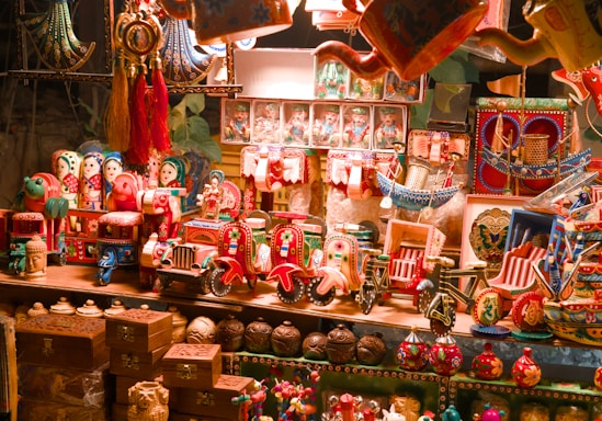 Colorful display of traditional toys and trinkets.