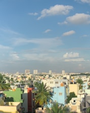 Colorful buildings under a bright blue sky.