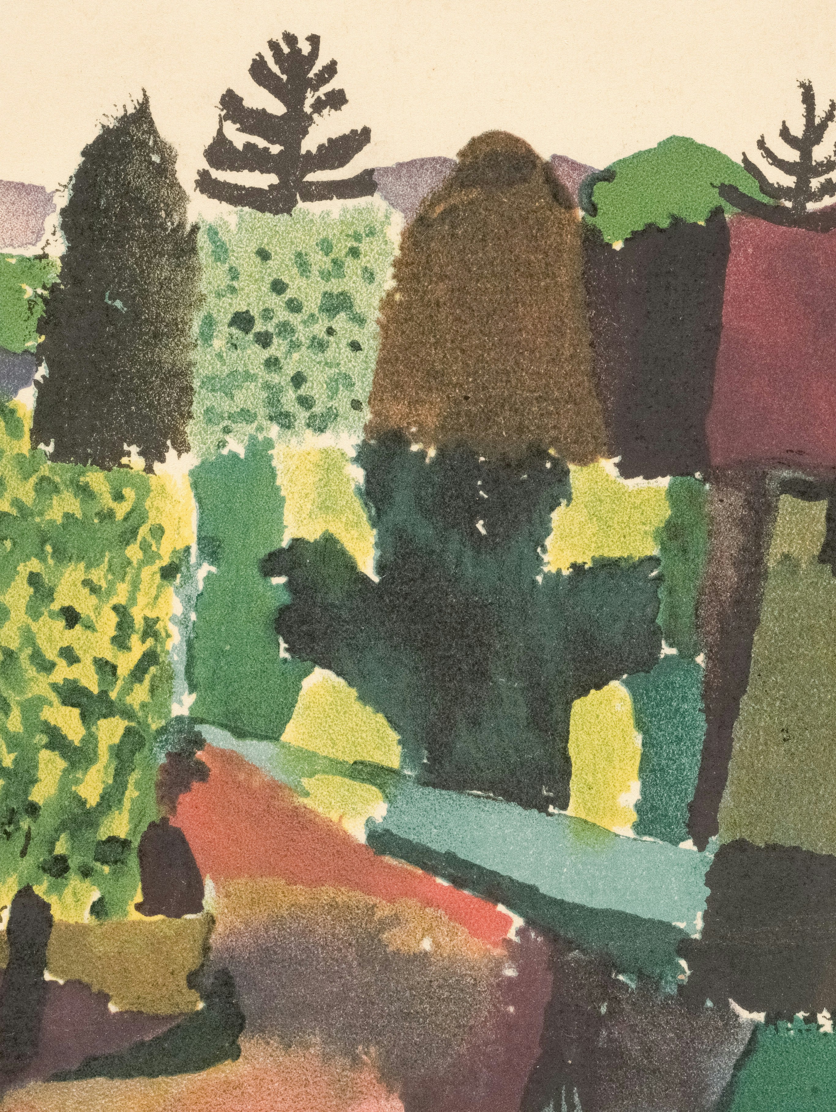 Abstract landscape with trees and colorful shapes