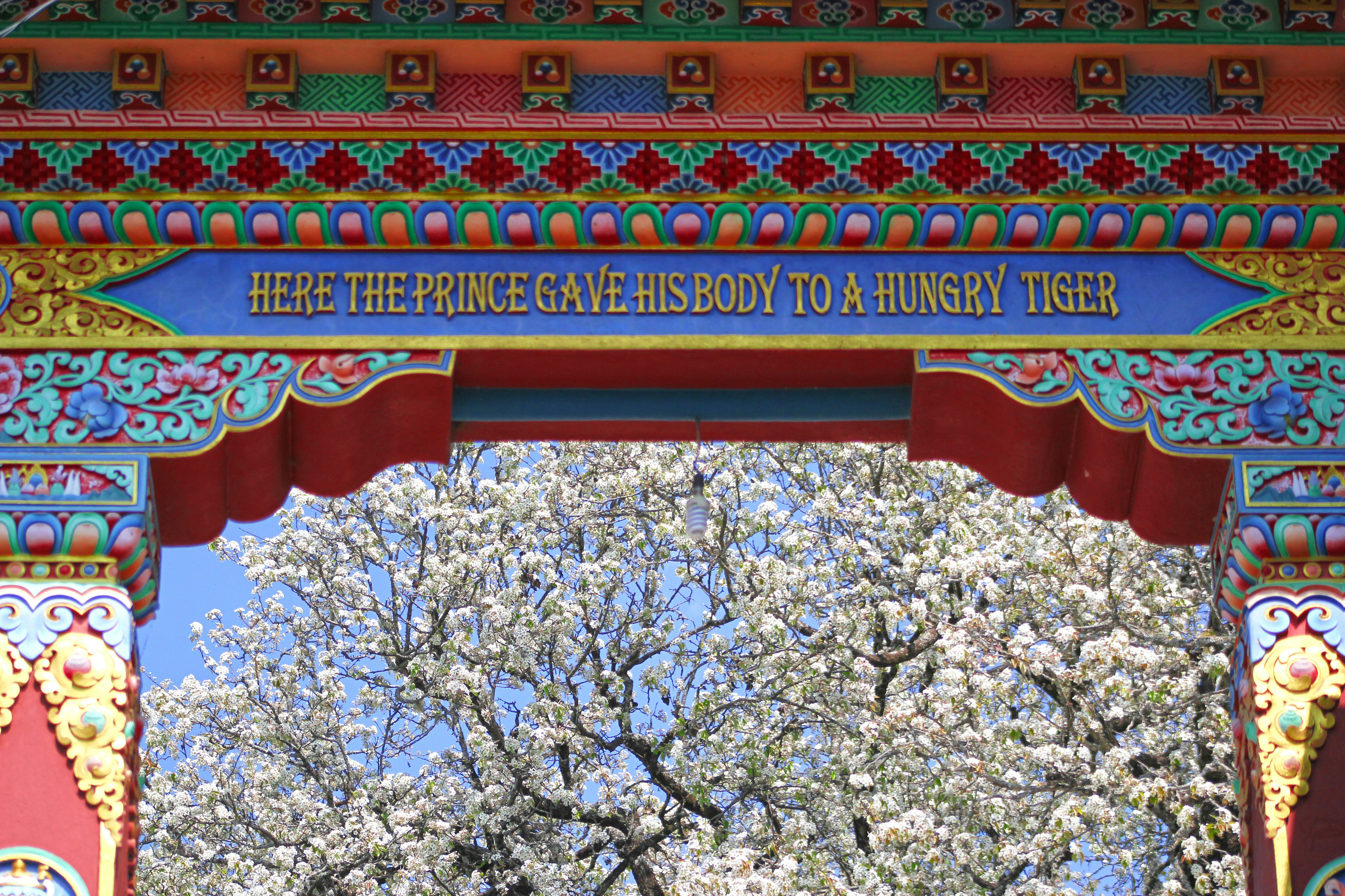 Arco ornamentado con texto y árbol en flor