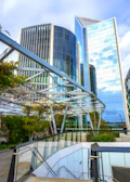 Modern glass skyscrapers with sky reflection and walkway