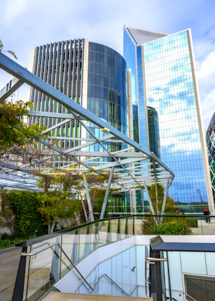 Modern glass skyscrapers with sky reflection and walkway