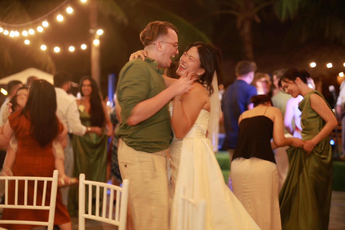 Bride and groom sharing their first dance at the wedding reception