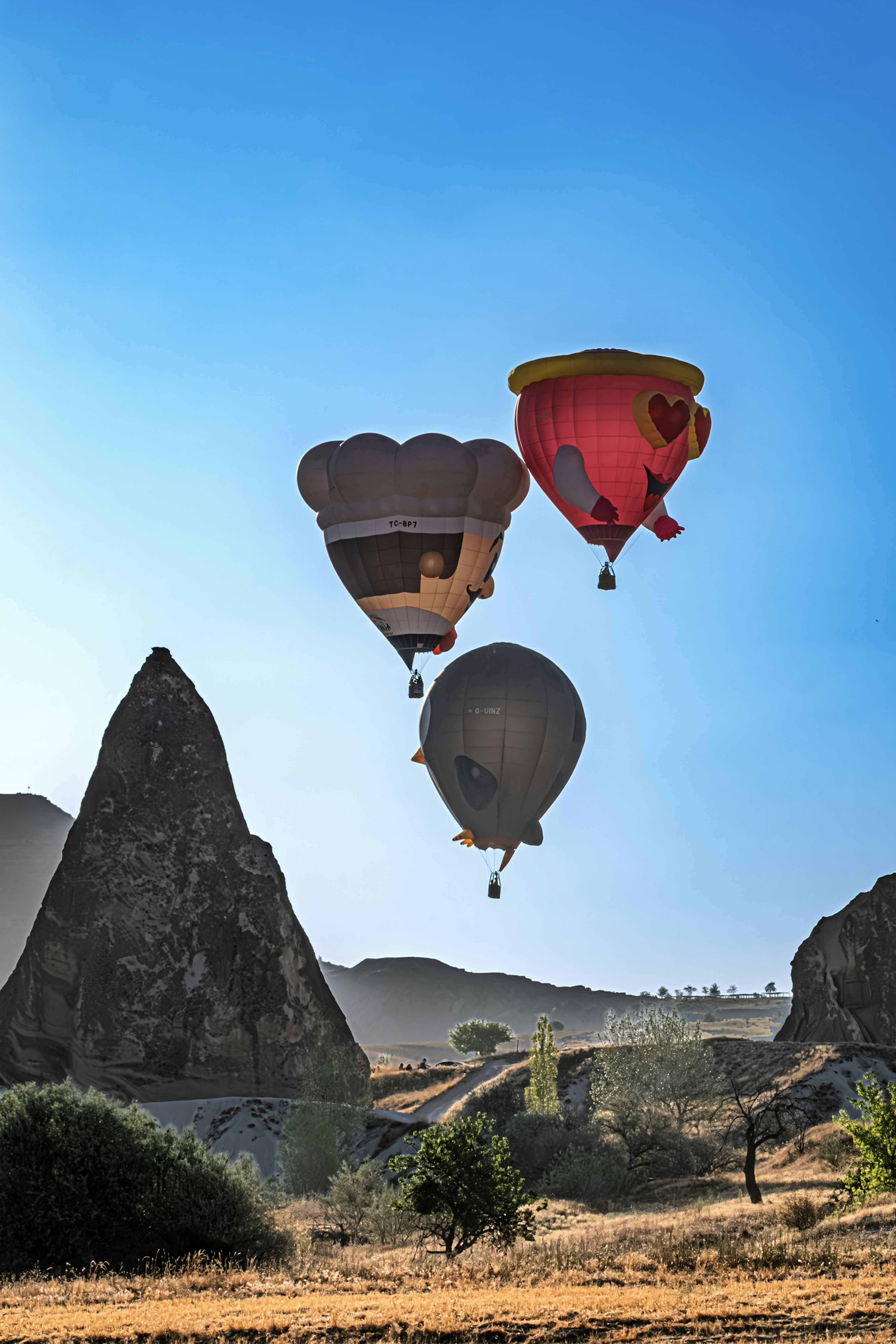 Três balões de ar quente sobrevoam uma paisagem rochosa.