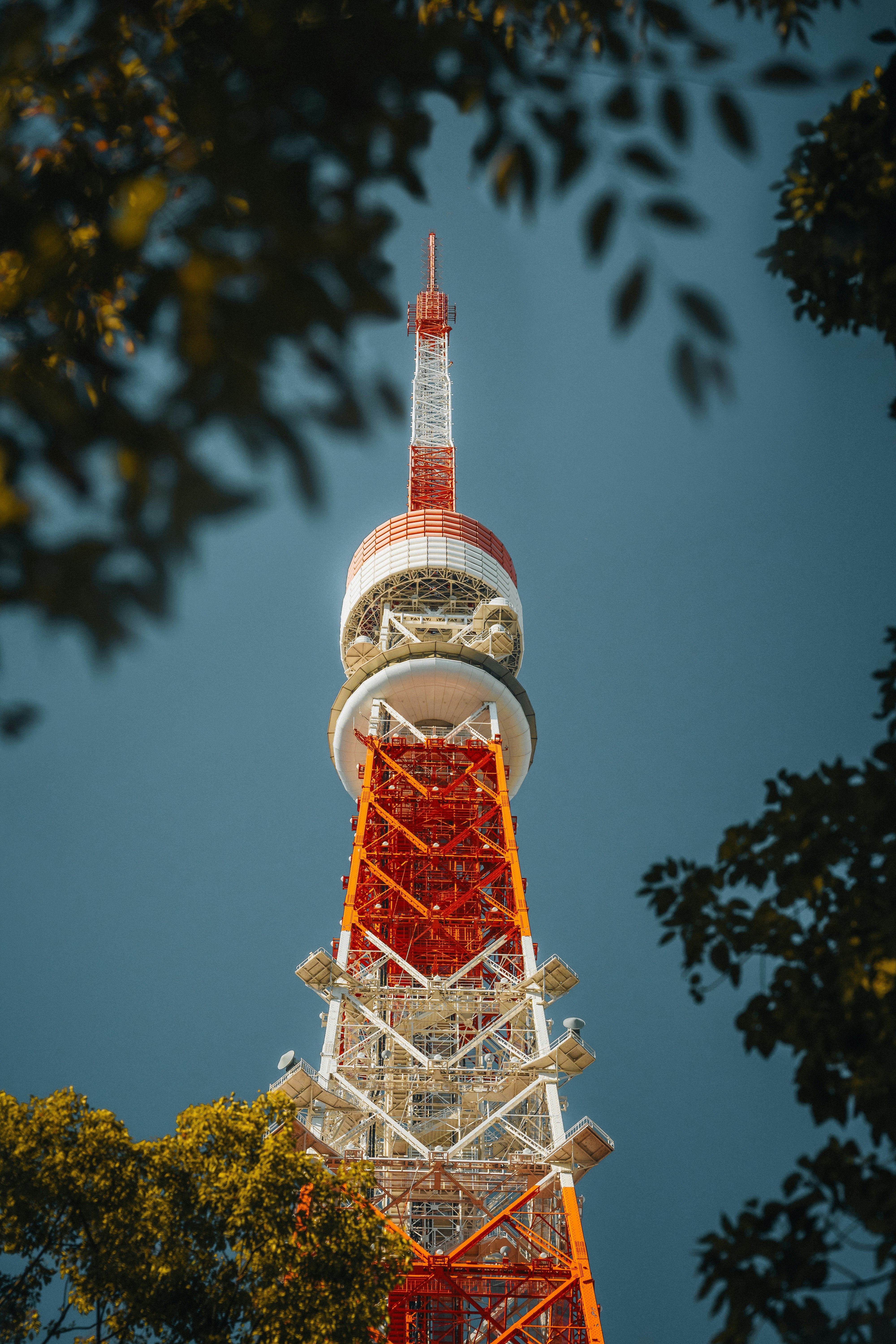 Tall red and white tower framed by green leaves