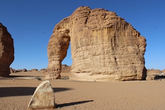 Elephant rock formation in a desert landscape.