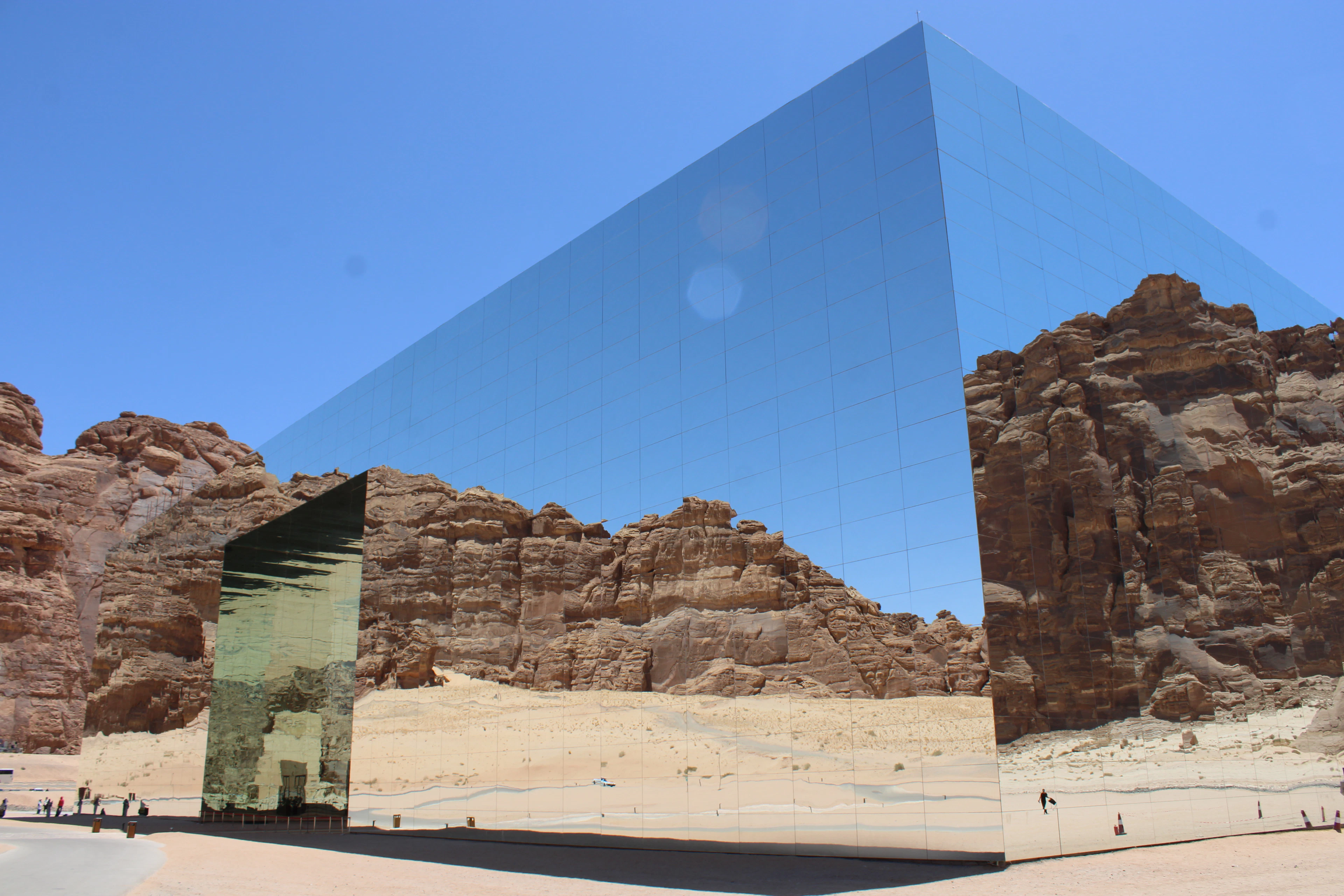 Maraya, the mirrored concert hall in AlUla, reflecting the surrounding sandstone canyon walls.