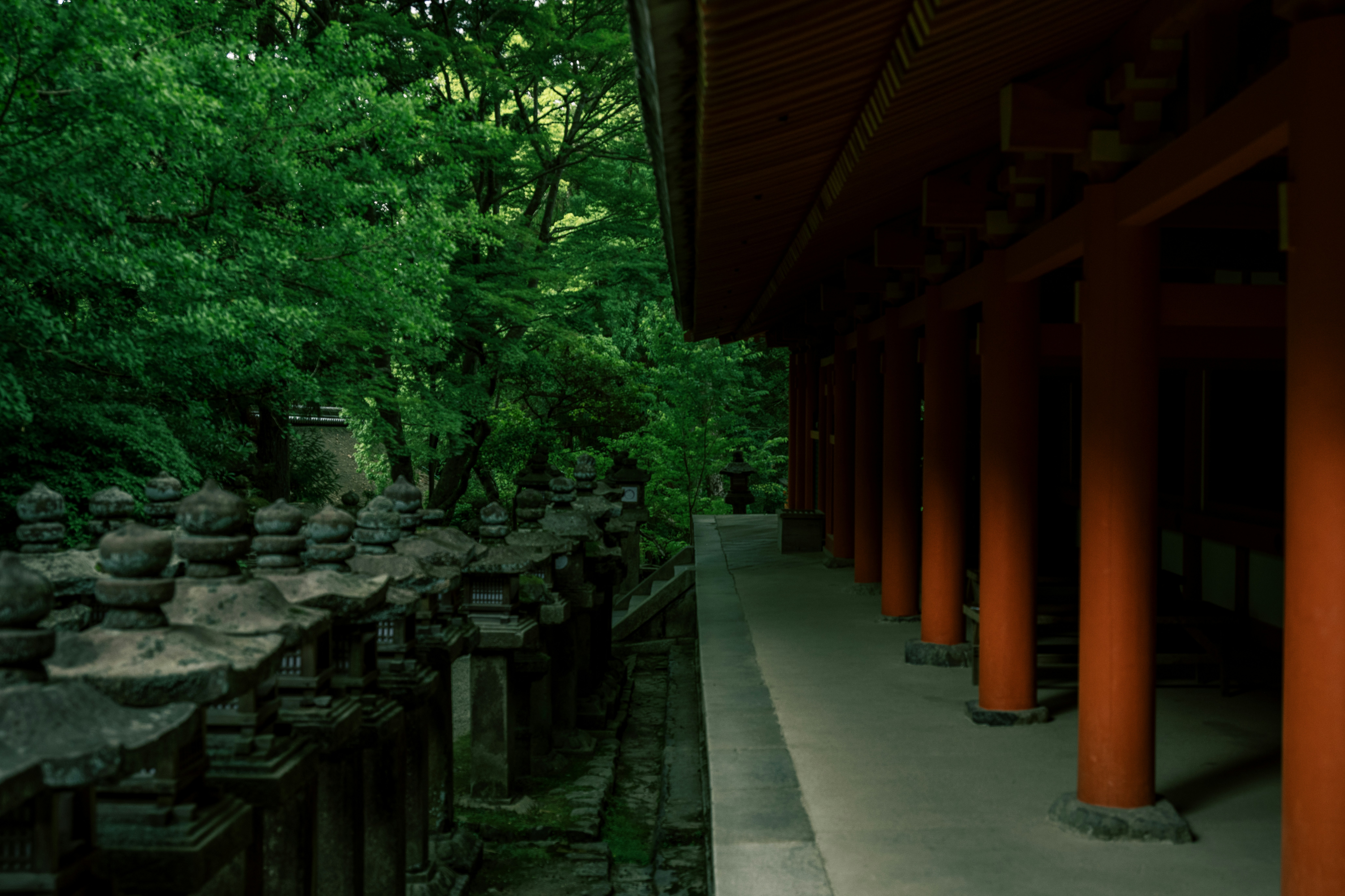 Red pillars of a temple beside stone lanterns