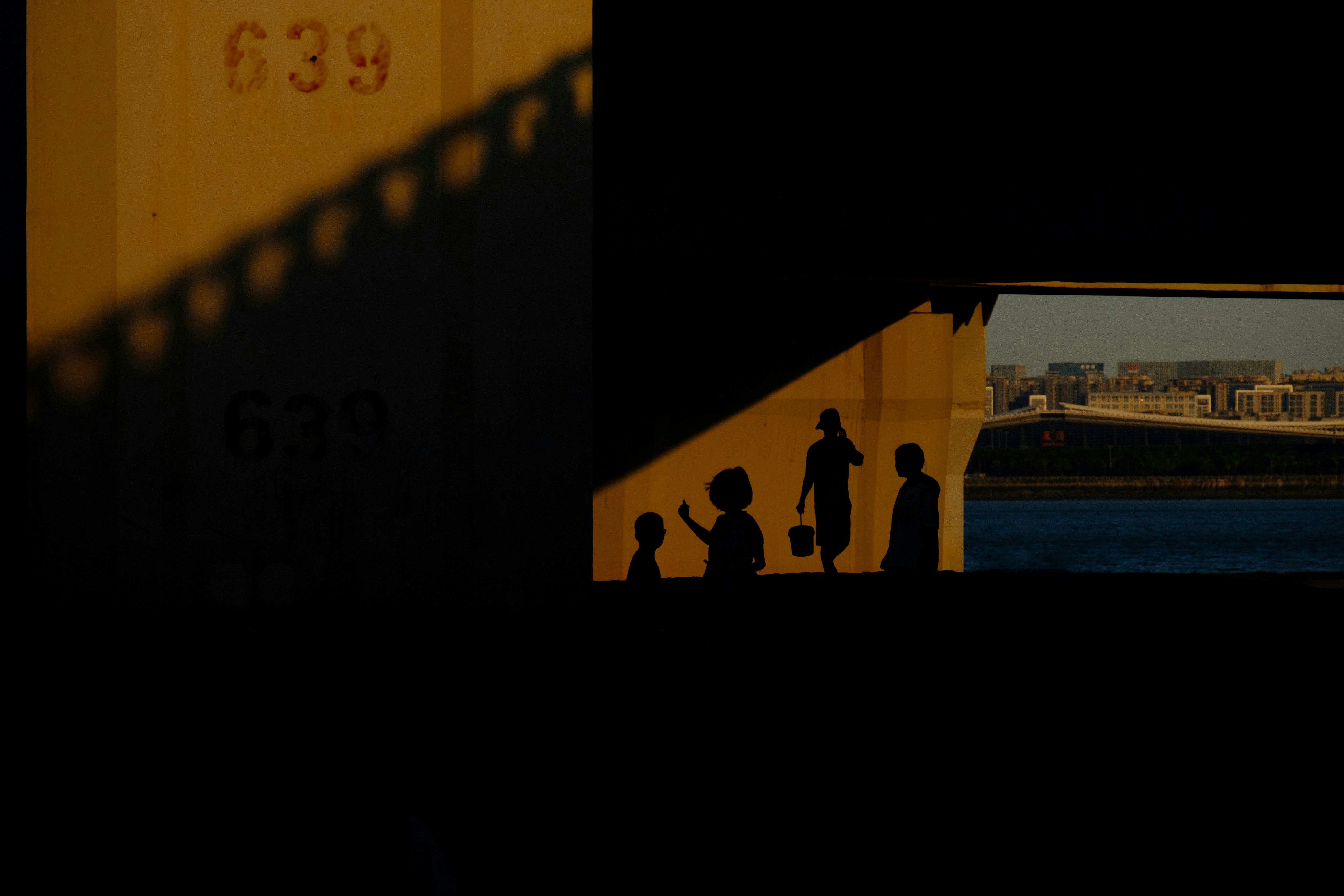 Silhouettes of people walking near water at sunset.