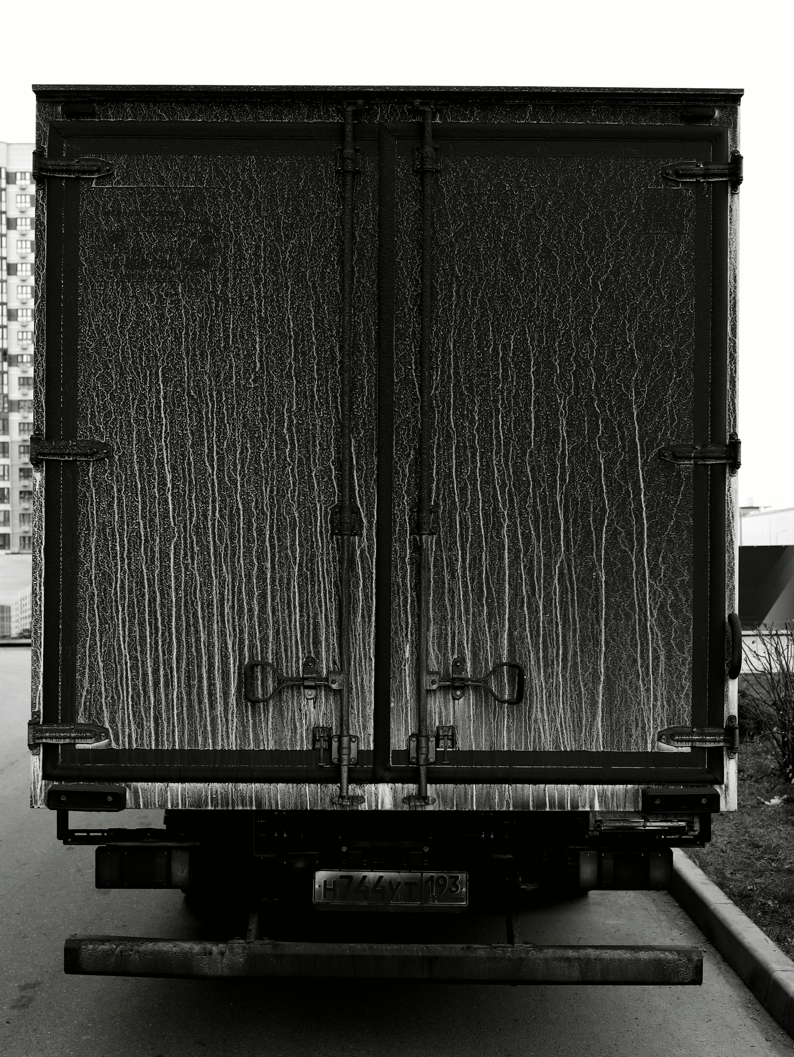 Rear view of a closed semi-trailer truck