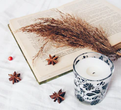 Open book with candle and star anise on white fabric