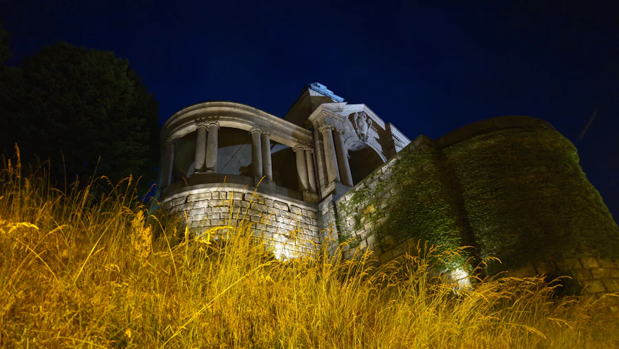 Historic illuminated façade at Wały Chrobrego