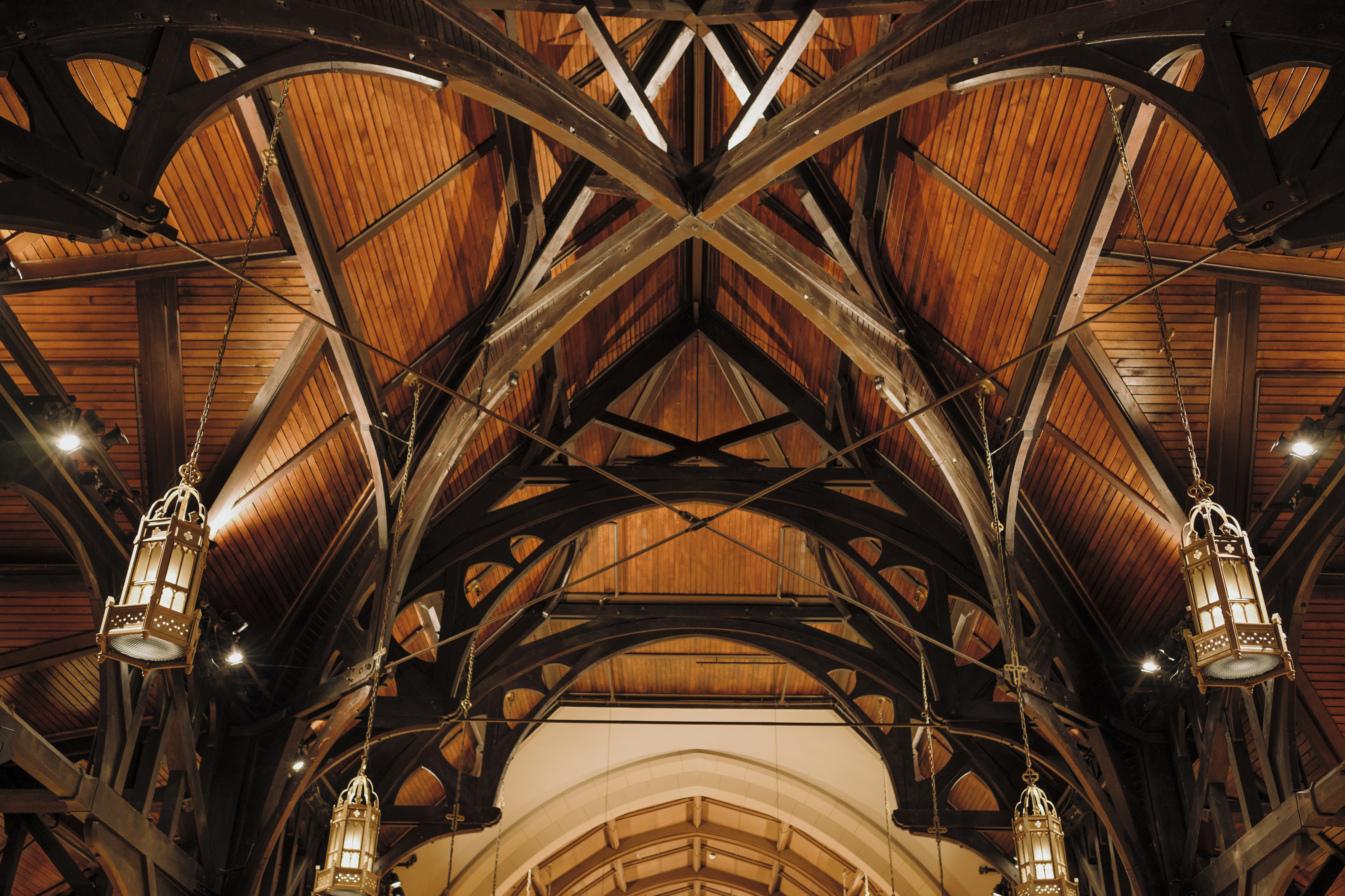 Wooden trusses in old church ceiling