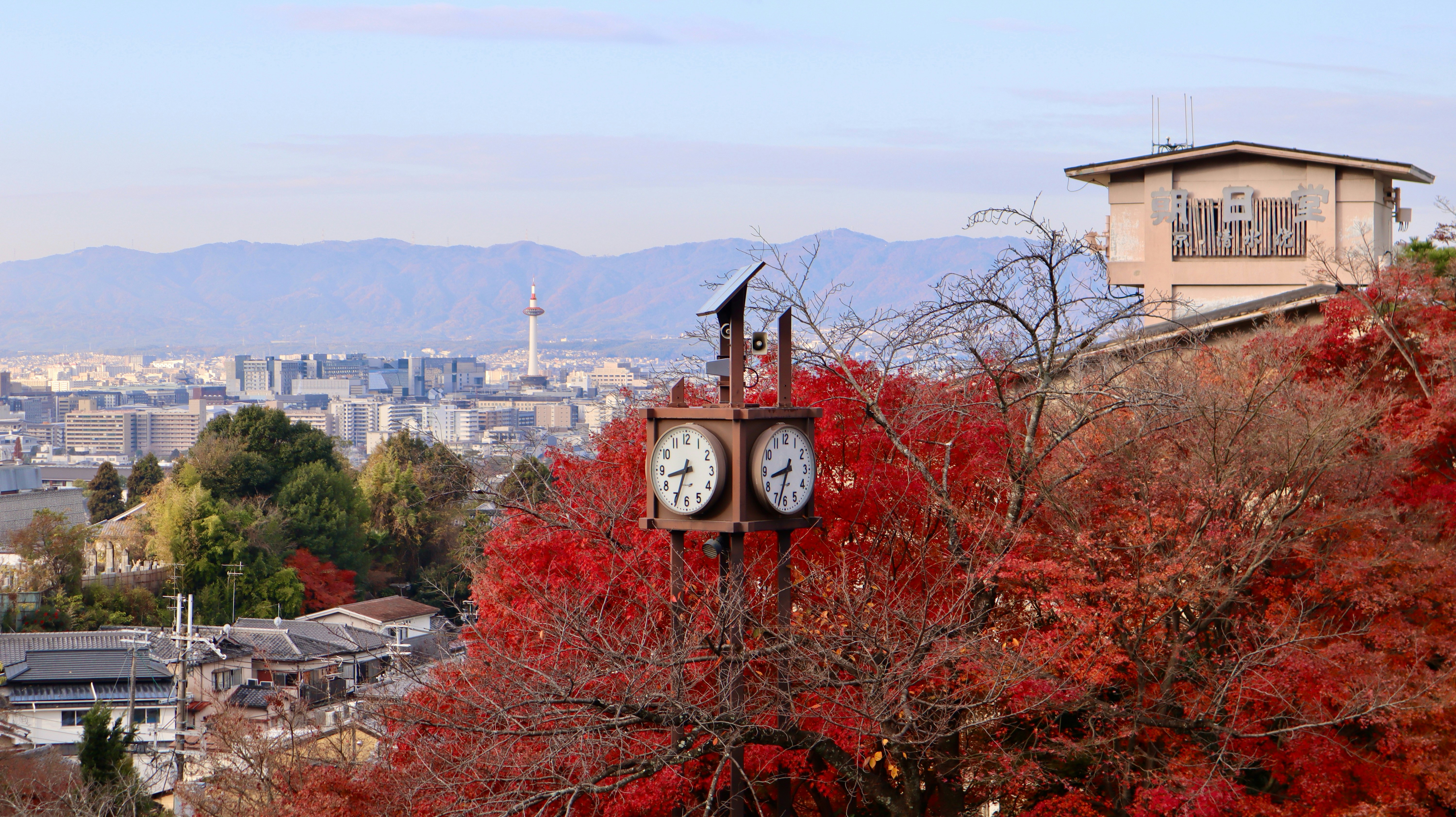 秋の紅葉と地下時計塔の街並み。