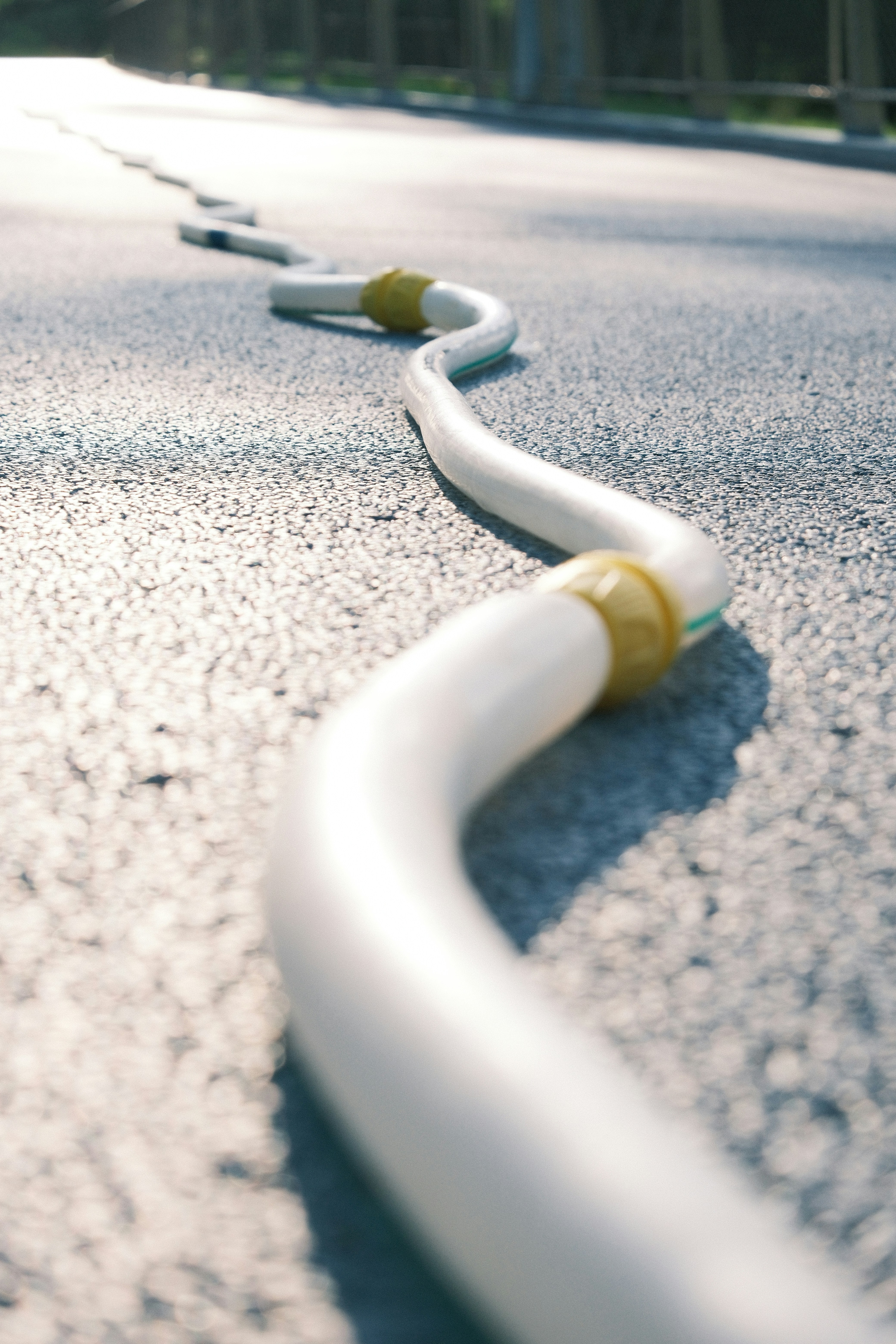 A white hose snakes across a paved surface.