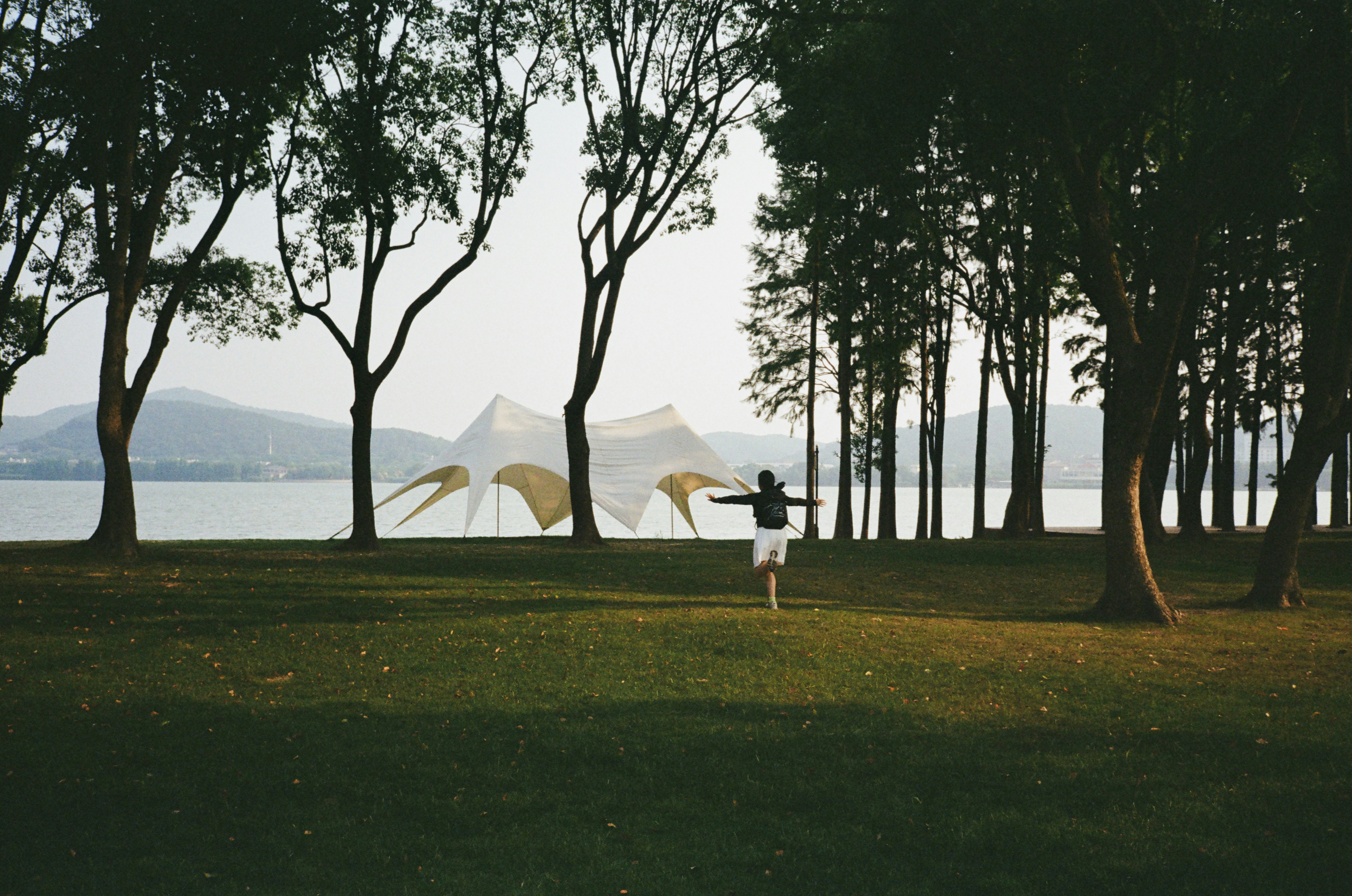 Person standing on grassy field near trees and lake.