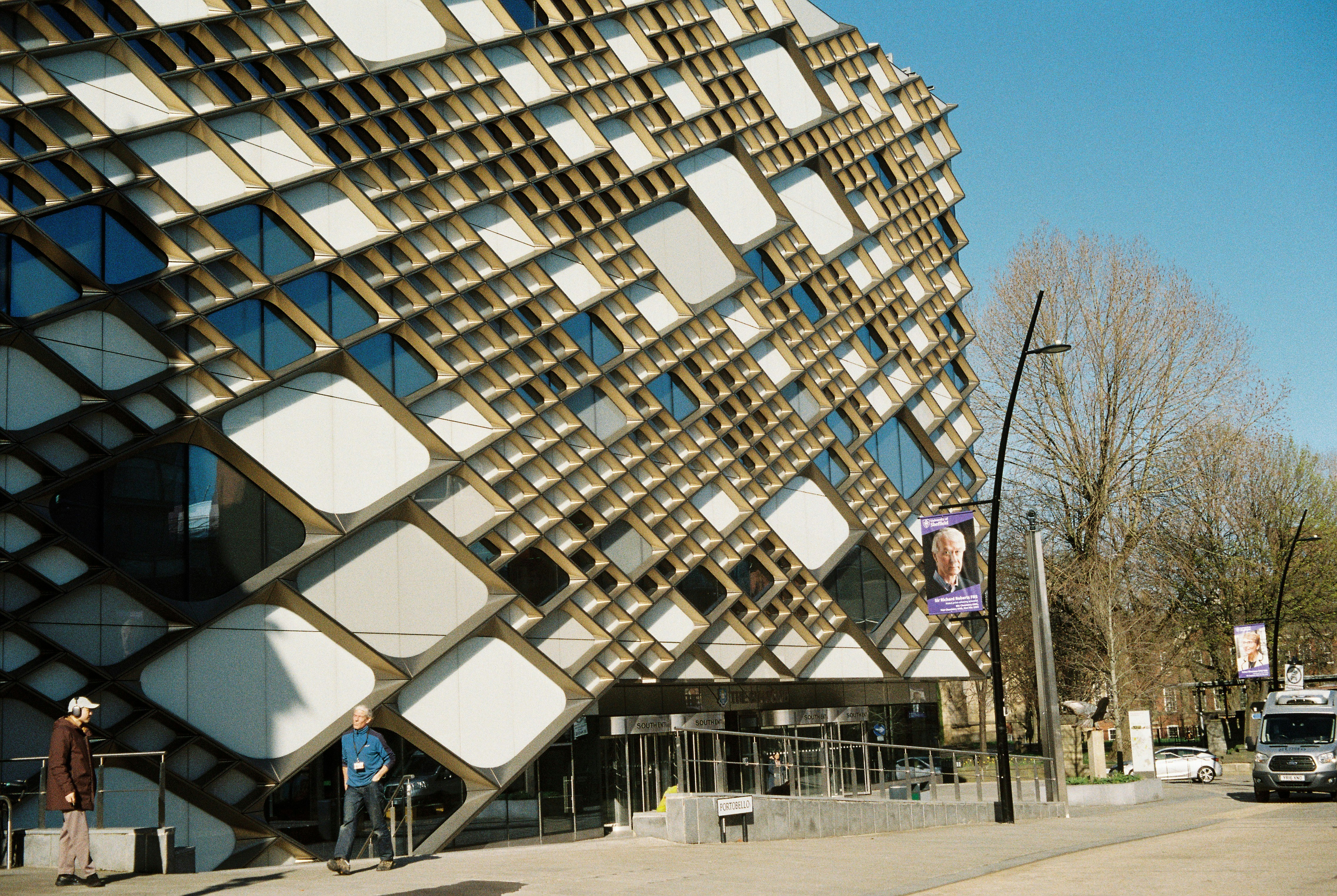 Modern building with a unique geometric facade