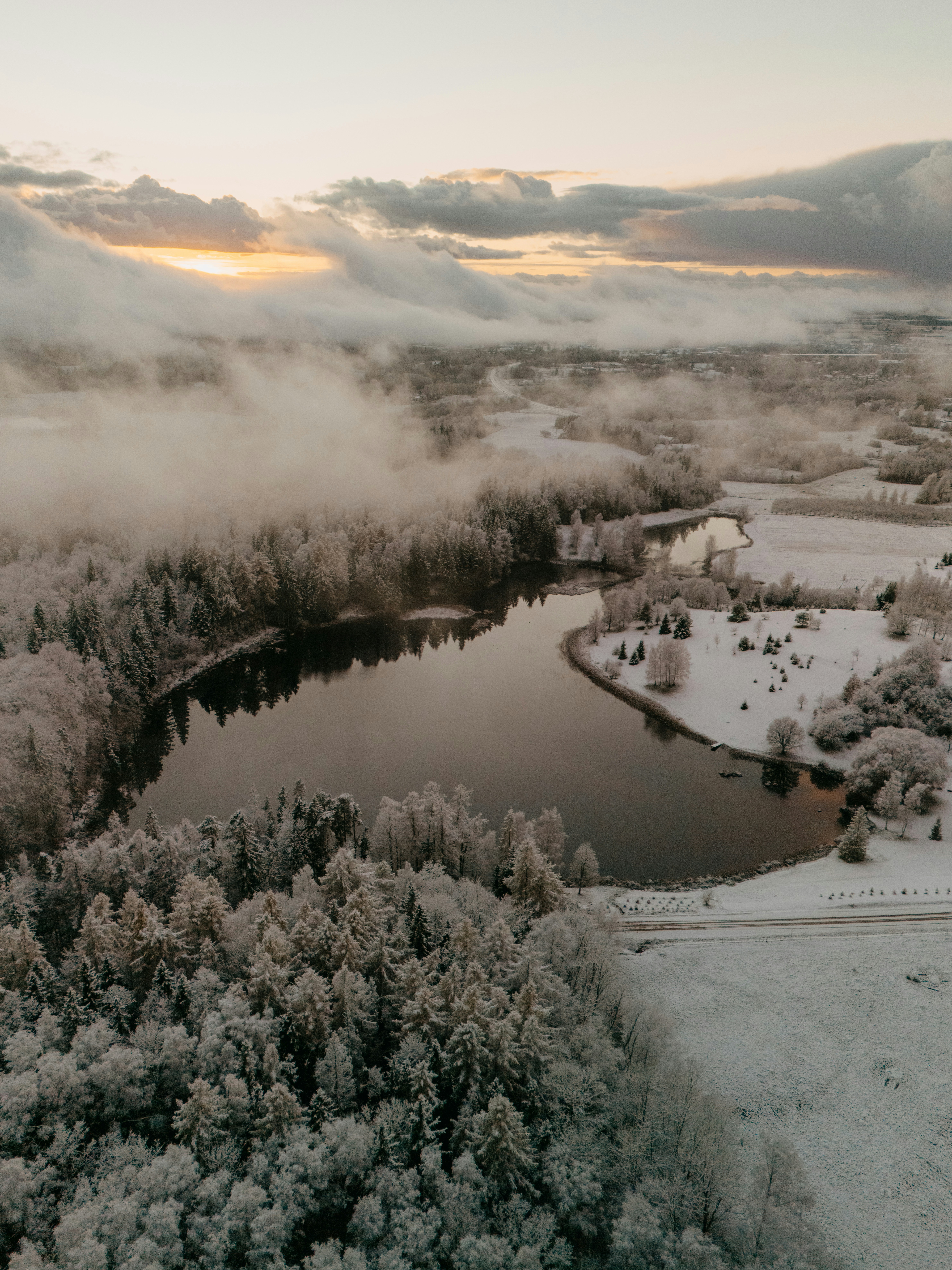 Snowy forest surrounds a tranquil lake at sunrise.