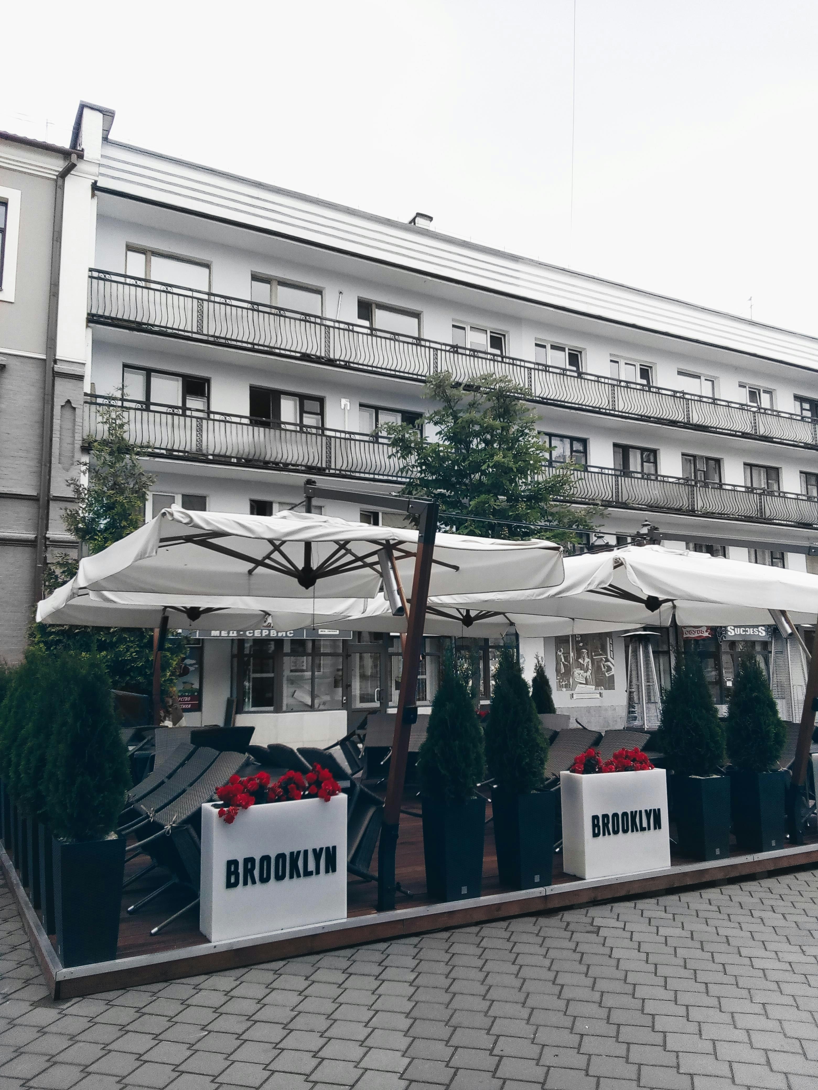 Outdoor seating area with brooklyn signage
