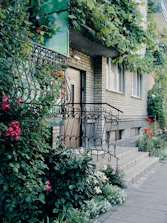 Entrance to a building with flowering plants and vines.