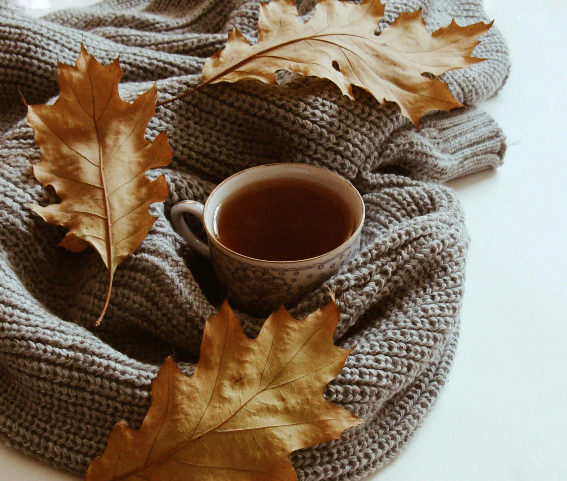 Tasse Tee mit Herbstlaub auf einem gemütlichen Pullover